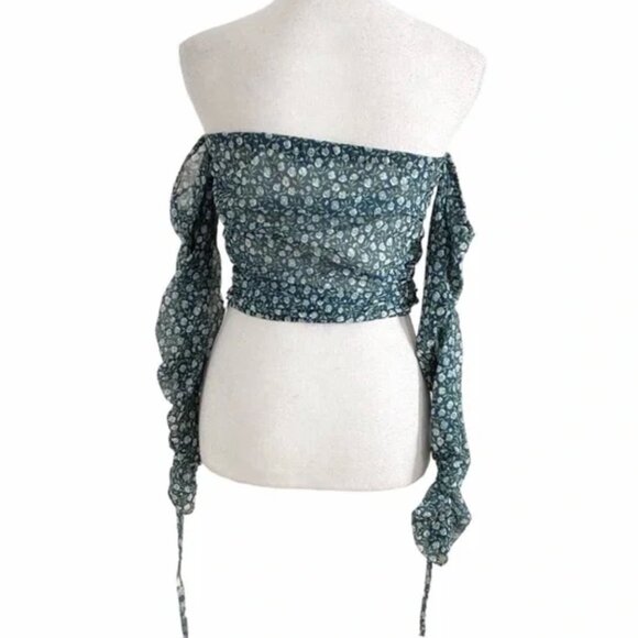 THE EAST ORDER FLORAL CINCHED LACE UP OFF THE SHOULDER SHEER CROPPED TOP - Picture 3 of 8